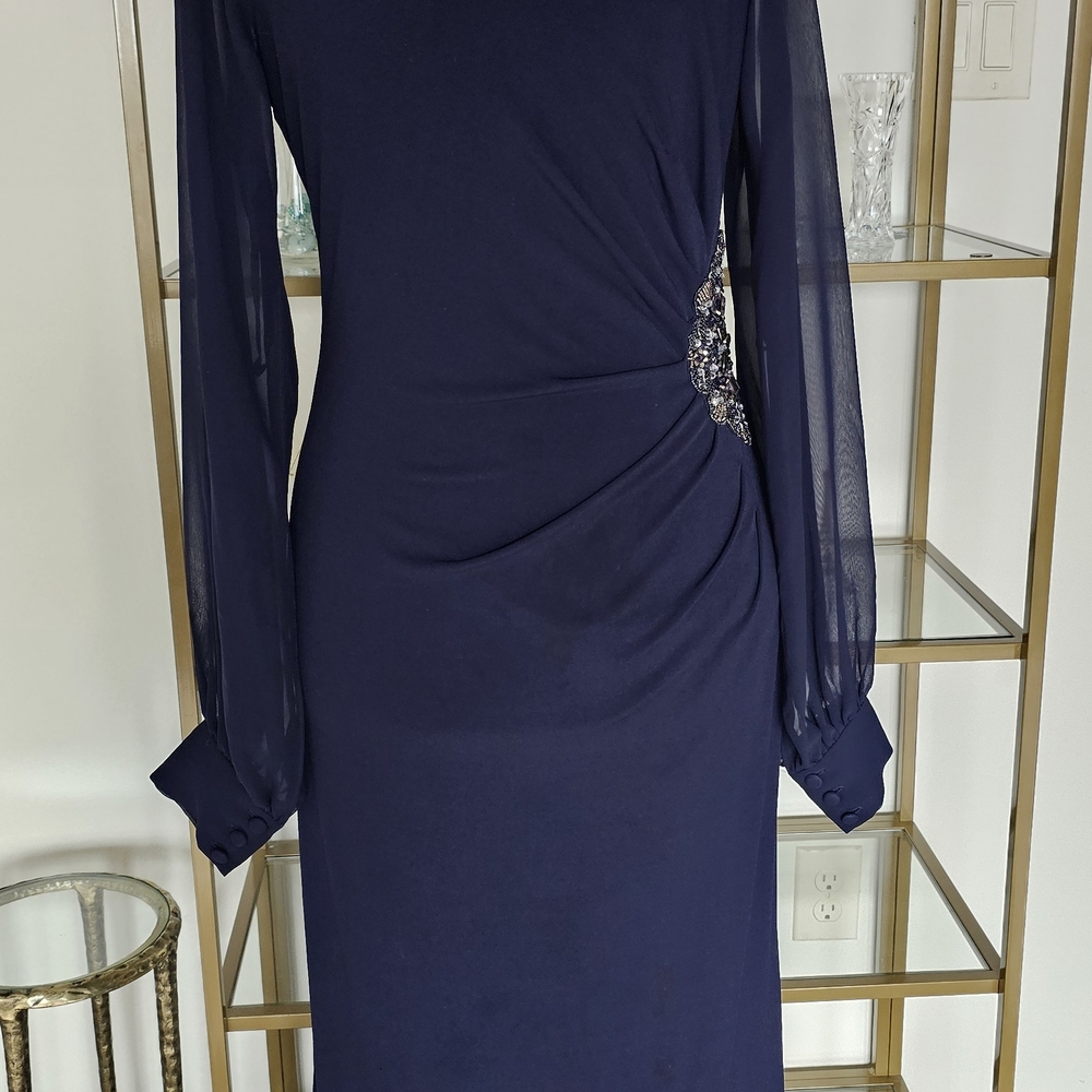 Elegant Navy Long Sleeve Evening Dress with Beaded Side Detail